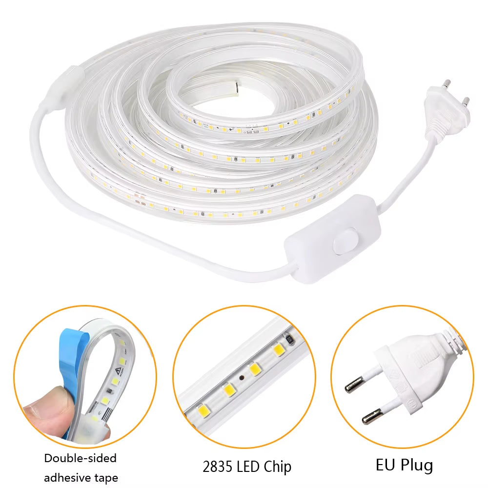 LED Strip Light 220V 2835 Waterproof Led Strip High Brightness 120Leds/M Flexible Kitchen Outdoor Garden LED Light with Switch