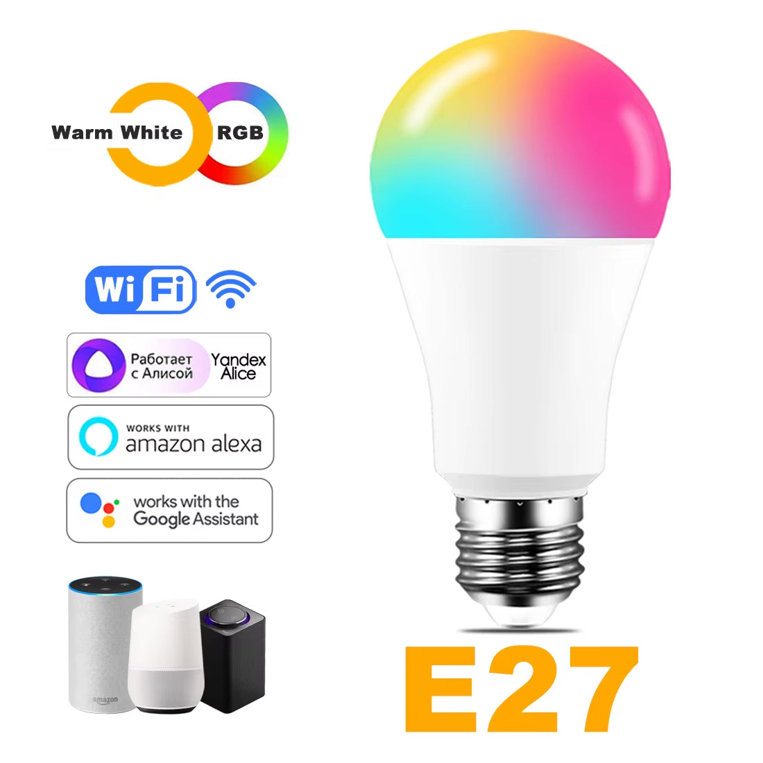 15W Wifi Smart Light Bulb B22 E27 LED RGB Lamp Work with Alexa/Google Home 85-265V Rgb+White Dimmable Timer Function Color Bulb