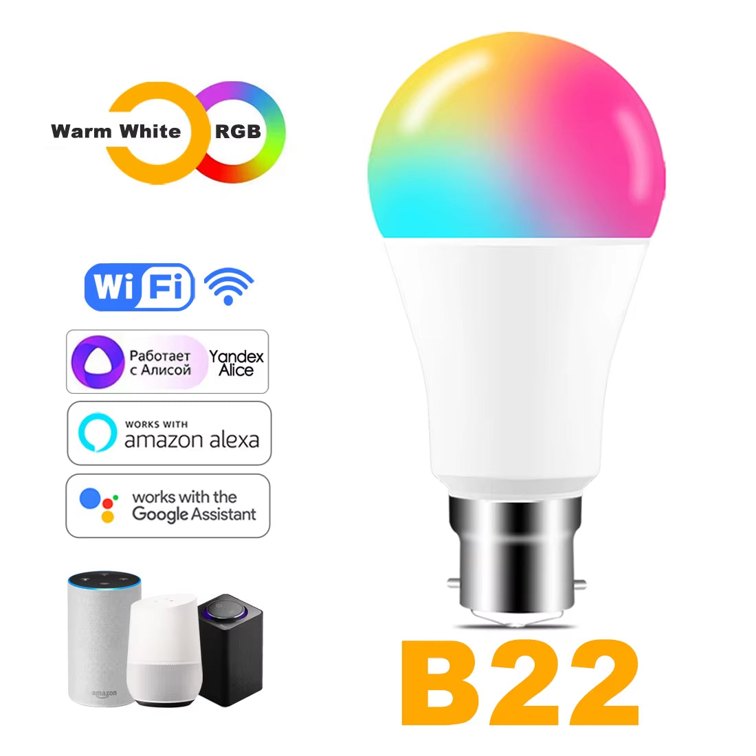 15W Wifi Smart Light Bulb B22 E27 LED RGB Lamp Work with Alexa/Google Home 85-265V Rgb+White Dimmable Timer Function Color Bulb