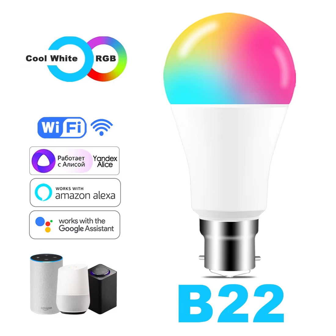 15W Wifi Smart Light Bulb B22 E27 LED RGB Lamp Work with Alexa/Google Home 85-265V Rgb+White Dimmable Timer Function Color Bulb