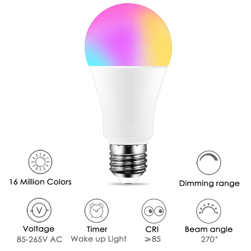 15W Wifi Smart Light Bulb B22 E27 LED RGB Lamp Work with Alexa/Google Home 85-265V Rgb+White Dimmable Timer Function Color Bulb
