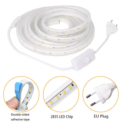 LED Strip Light 220V 2835 Waterproof Led Strip High Brightness 120Leds/M Flexible Kitchen Outdoor Garden LED Light with Switch
