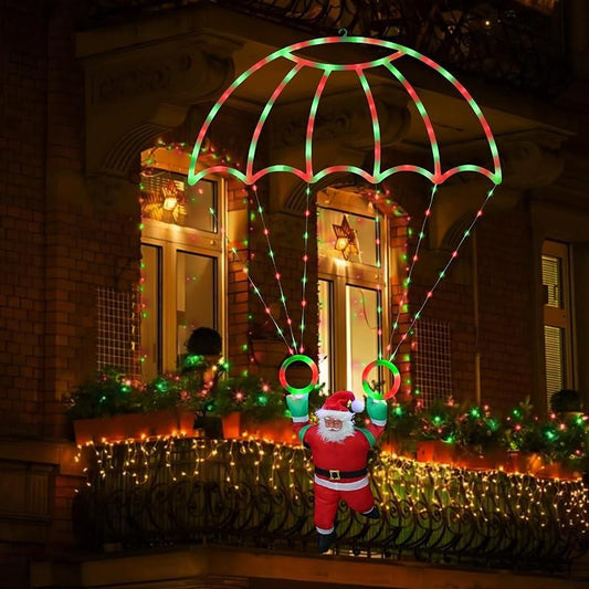 Toodour 2.8Ft Christmas Parachute Lights (Red & Green/Multicolor) Christmas Decoration with a Santa Claus Design, Featuring Waterproof Construction and 8 Lighting Modes. Suitable for Both Outdoor and Indoor Use, Ideal for Hanging on Eaves and Walls.