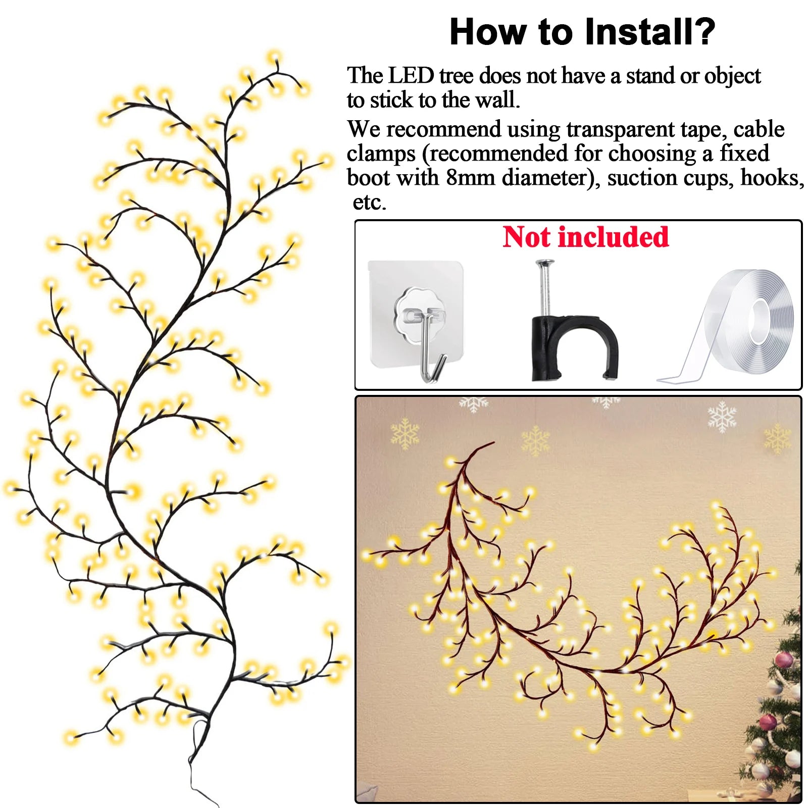 96/144 LED Willow Vine Tree Light Strip 8 Modes DIY Tree Branch Lamp Remote Control Fairy Lights for Wall Christmas Home Decor