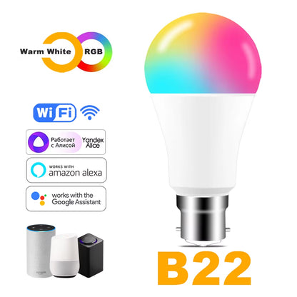 15W Wifi Smart Light Bulb B22 E27 LED RGB Lamp Work with Alexa/Google Home 85-265V Rgb+White Dimmable Timer Function Color Bulb