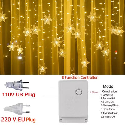 3M Christmas Light Led Snowflake Curtain Icicle Fairy String Lights Outdoor Garland Home Party Garden 2024 New Year Decoration